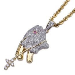 Unique Fashion Hip Hop Necklace Jewellery High Quality Gold Plated CZ Praying Hands Cross Necklace for Men Women Nice Gift