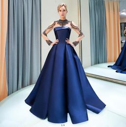 Gorgeous Beaded High Neck Evening Dress Navy Blue Satin A Line Prom Dresses Sheer Long Sleeves Arabic Formal Party Gowns Custom Made
