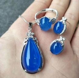 natural S925 blue chalcedony silver Ice Ring earrings necklace suits gift fine jewelry pendant women sweet lady agate