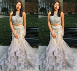 Silver Two Piece Mermaid Prom Dresses Heavy Beading Crystal Tulle Satin Plus Size Party Dresses Sparkle Evening Dresses Sweep Train