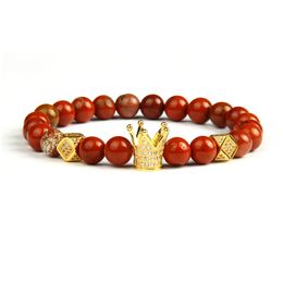 Gold Jewelry Wholesale 10pcs/lot 8mm Natural Red Stone Beads With High Quality Micro Paved Crown Charms Bracelets For Gift