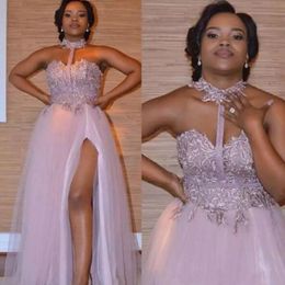 Dusty Pink Halter Prom Dresses Lace Appliques Sleeveless Tulle High Split Evening Gowns Plus Size Floor Length Formal Party Dress