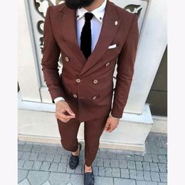 High Quality Groom Tuxedos Double Breasted Brown Peak Lapel Groomsmen Best Man Suit Mens Wedding Suits (Jacket+Pants+Tie) NO:1260