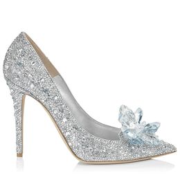 Luccicanti tacchi a spillo cristalli scarpe da sposa per la sposa in rilievo designer di lusso tacchi Cenerentola pompe punta a punta strass nuziale2480