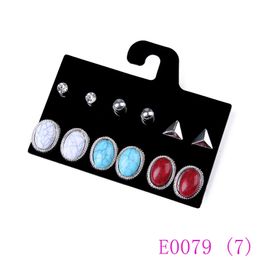 3 set Women Blue and Red Crack Stone Stud Earrings Set Girls Retro Vintage Claires Crystal Earrings E0079