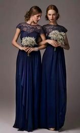 Elegant Chiffon Lace Navy Blue Long Bridesmaid Dresses Short Sleeve Fitted Sash Evening Gowns Plus Size Maid Of Honour Dresses Unde224b