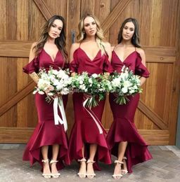 Sexy High Low Mermaid Bridesmaid Dresses Satin Spaghetti Straps Long Party Evening Gowns Sleveless Formal Prom Dress Maid of honor