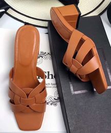 Real Leather Women Slippers Designer Shoes Woman Sandals Slides tribute Heels