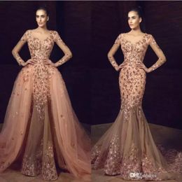 Tony Chaaya Prom Dresses Long Sleeves Flower Embroidery Beaded Mermaid Overskirts Evening Gowns Sexy Plus Size Custom Made Formal Dress