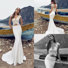 2019 Beach Wedding Dresses V Neck Two Pieces Cap Sleeves Lace Appliques Mermaid Wedding Dress Custom Made Plus Size Bridal Gowns