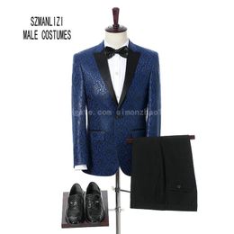 Groomsmen 2018 Elegant Brand Fashion Casual Style Terno Slim Fit Gentleman Wedding Suit Men Black/Blue Printed Suit Blazer Groom Tuxedos