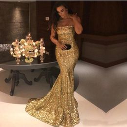 Sequined Mermaid Long Prom Dresses Strapless Zipper Back Sexy Maid of Honor Dress Gold Evening Party Gowns Custom Made