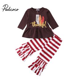 Thanksgiving Kid Baby Girl Set Autumn Warm Dress Tops Stripe Ruffle Pants Outfit Clothes 1-6Y