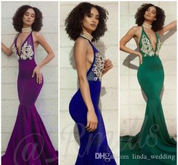 Sexy Open Back Prom Dress Halter Neck Long Appliques Formal Pageant Holidays Wear Graduation Evening Party Gown Custom Made Plus Size