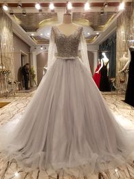 Sexy Bling Beaded Long Sleeve Evening Dresses Silver Backless Tulle V Neck Lace Up Back Formal Prom Runway Red Carpet Dress Real Photos