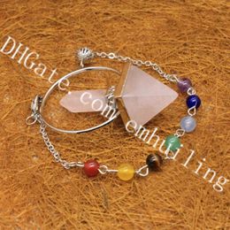 10Pcs 7 Chakra Healing Crystals Beads Chain Natural Rose Quartz Dowsing Pendulum Hexagonal Prism Pyramid Stone Pendant Reiki Balance Jewellery