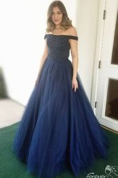 Fashion Navy A line Prom Dresses Long Cheap Off the shoulder Tulle Ruched Crystal Beaded Sequins Pageant Evening Formal dress Gowns