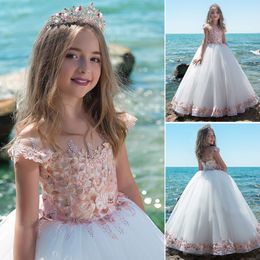 Cute Flower Girl Dresses 2019 with Cap Sleeves & Lace Up Back Europe and America Style Rhinestones Lace Tulle Princess First Communion Dress