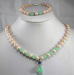 anniversary! Wholesale Women's yellow pearl mixed green Natural Stone pendant Necklace bracelet Jewellery set