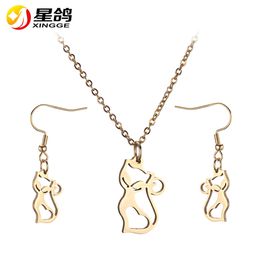 Trendy Popular Animal Cat Jewellery Sets stainless steel Cat Necklace Earrings Jewellery Suit For Women Girls Party Gift