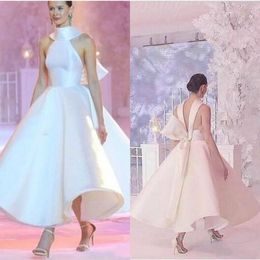 High Neck Runway Fashion Evening Sleeveless Ankle Length A Line Ball Gown Prom Dress Backless Satin Formal Celebration Dresses