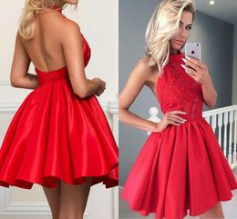 prom dresses 8th grade girls UK - Red Appliques Satin Homecoming Dresses 2019 Sexy Halter Neck Formal Party Gowns Short Prom Dresses Backless 8th Grade Girls Cocktail Dresses