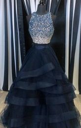 2018 Navy Prom Dresses Two Pieces Ruffles Skirt Jewel Rhinestone Beaded Ball Gowns Quinceanera Graduation Dresses Pageant Dress Real Image