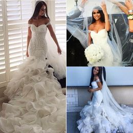 2018 Luxury Sheath Mermaid Wedding Dresses Off Shoulder Lace Crystal Beads Tiered Ruffles Chapel Train Organza Plus Size Formal Bridal Gowns