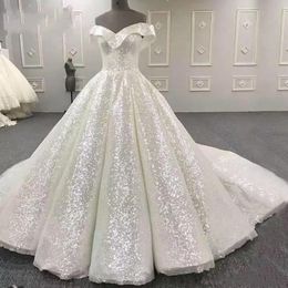 Sparkly Luxury Wedding Dresses Off Shoulder A-Line Sequined Bridal Gowns Back Lace-Up Sweep Train Custom Made Tiered Wedding Dress317C