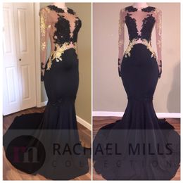 Black Lace Mermaid Prom Dresses See Through Sheer Neck Long Sleeves Applique Illusion Back Formal Party Gowns Formal Evening Gowns
