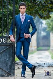 Fashion Blue Slim Fit Men Wedding Tuxedos Peak Lapel Two Button Groom Tuxedos Men Wedding/Prom/Dinner/Darty Dress(Jacket+Pants+Tie+Vest)1799