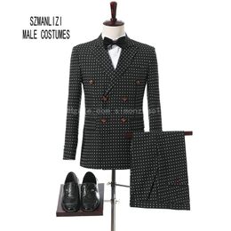 New Designs 2018 Black White Dots Suit Brand Peaked Lapel Wedding Groom Suit Double Breasted Tuxedo For Men Wedding Party Suits Best Man