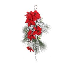 Christmas wreath ornaments decoration red color fake artificial flower with snow simulation flower for Christmas daily necessities