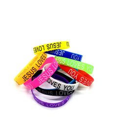 Elastic bangle charm jelly Silicone Bracelet 100pcs/lot Rubber wristbands for men women's Jewellery Fashion Accessories Kind Jesus loves you Quality Gifts