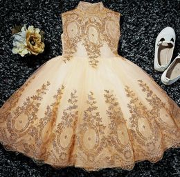 Elegant Gold Sequin Tulle Girl's Pageant Birthday Party Dress Beads Flowers Girl Princess Dress Kids First Communion Gowns326K