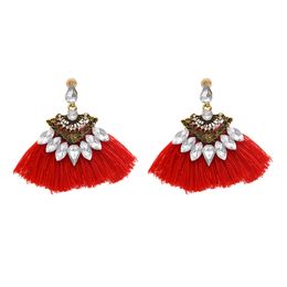 idealway 4 Colors 4 Colors Cotton Thread Tassel Rhinestone Drop Earrings for Women Jewelry Gift