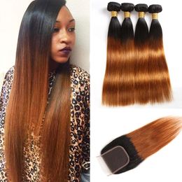 Malaysian Unprocessed Human Hair 3 Bundles With 4X4 Lace Closure 1B/30 Straight Virgin Hair Wefts With Closure 8-28inch 1B/30 Color
