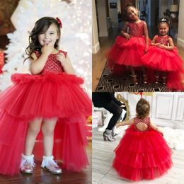 Red High Low Girls Pageant Gowns Jewel Sleeveless Sexy Backless Tiered Tulle Flower Girl Dresses For Wedding Baby Birthday Party Dress