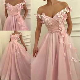 Exquisite Pink Beads Handmade Flower Evening Dresses Gowns Tulle Off Shoulder Floral Arabia Party Prom Dresses Formal Robe De Soiree