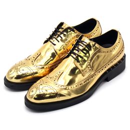 Men Gold Formal Suit Dress Shoes Handmade Carved Brogue T Show Party Shoes Male British Style Business Shoes