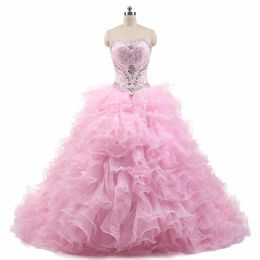 2018 Sexy Elegant Pink Lace Crystal Ball Gown Quinceanera Dresses With Beading Sequined Sweet 16 Dress Plus Size Vestido De 15 Anos BQ18