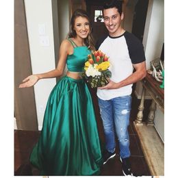Hunter New Arrival Green A Line Simple Cheap Prom Dresses Spaghetti Straps Satin Backless Sweep Train Formal Party Gowns Evening Dress 0505