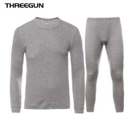 THREEGUN 100% Cotton Winter Round Neck Warm Long Johns Set For Men Ultra-Soft Solid Colour Thin Thermal Underwear Men's Pyjamas