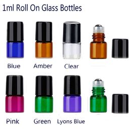 50pcs/Lot 1ml Glass Roll On Bottles Amber Blue Clear Pink Green With Stainless Steel Ball Black Cap for Essential Oil