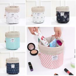 6 Colours Barrel Shaped drawstring portable pouch make up bag cartoon printed Travel clothes Storage Bag Wash Organiser Handbags