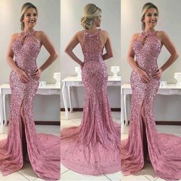 Sexy Split Mermaid Beads Sequins Evening Dresses Crystal Formal Arabic Dubai Long Party Prom Dresses Pageant Gowns Spring Robe De Soiree