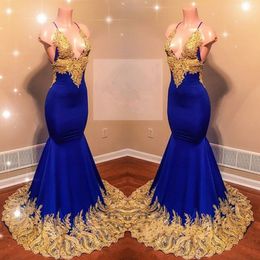Sexy Halter Prom Dresses Royal Blue And Gold Appliques Mermaid Evening Gowns Deep V Neck Backless Count Train Beads Cocktail Party Dress