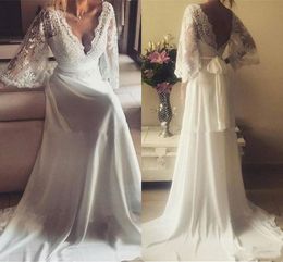 Free Shipping Greek Style Lace Chiffon Country Wedding Dresses with Sleeves Loose Plus Size Bohemian Vintage Plunging V Neck Bridal Gowns