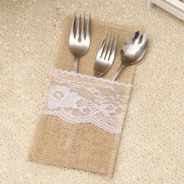 Party Decor Burlap Cutlery Holder Vintage Shabby Chic Jute Lace Tableware Pouch Packaging Fork Knife Pocket LX3826