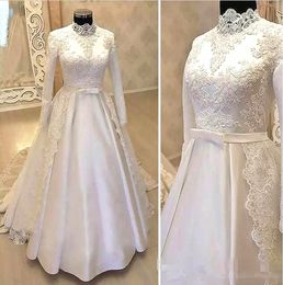 satin wedding dress with belt UK - High Neck Long Sleeve Muslim Wedding Dresses Bow Belt Appliques Lace Satin A Line Modest Design Bridal Gowns Custom Made